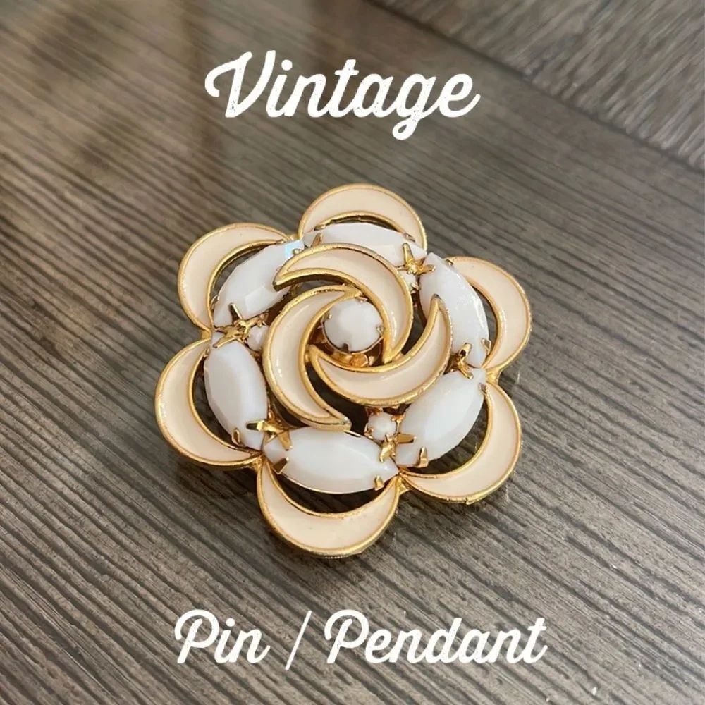 Vintage Ivory Enamel & White Milk Glass Swirl Flower Pin Gold-tone